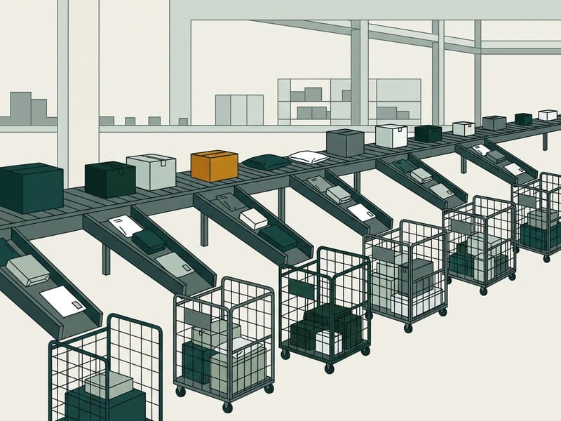 Illustration: sortation conveyor carrying parcels through a fulfillment center