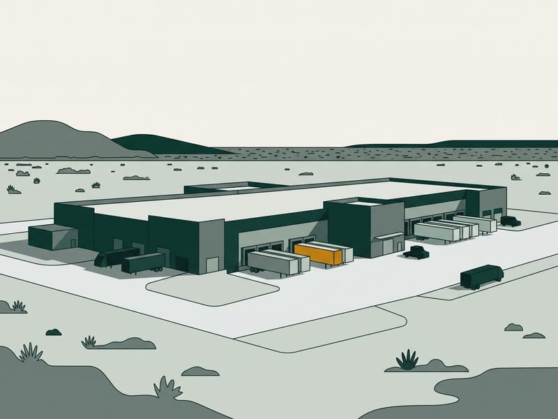 Illustration: distribution center on open desert ground with low hills behind