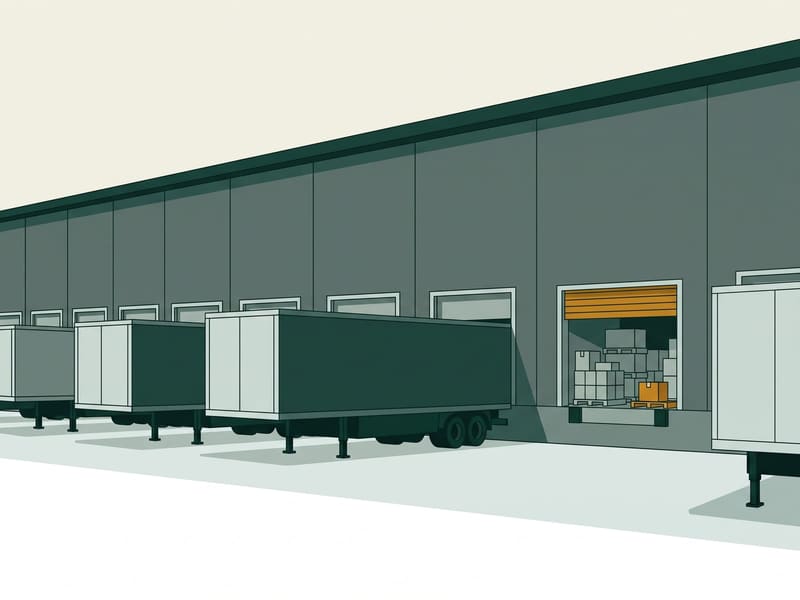 Illustration: loading dock with trailers backed up to open bay doors