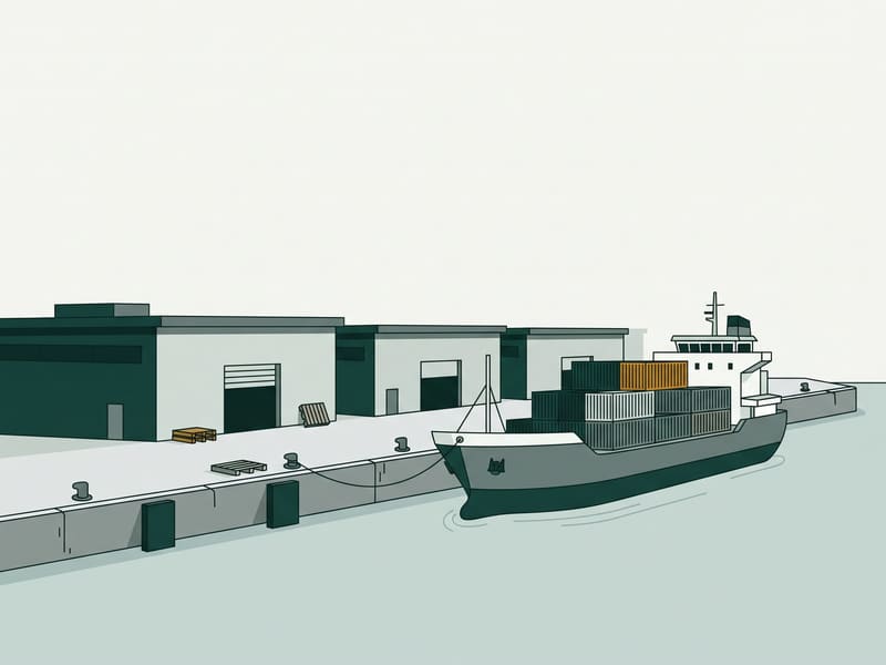 Illustration: harbor warehouses beside a quay with a moored cargo ship