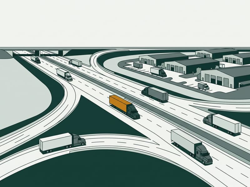 Illustration: interstate interchange with freight trucks passing a warehouse park