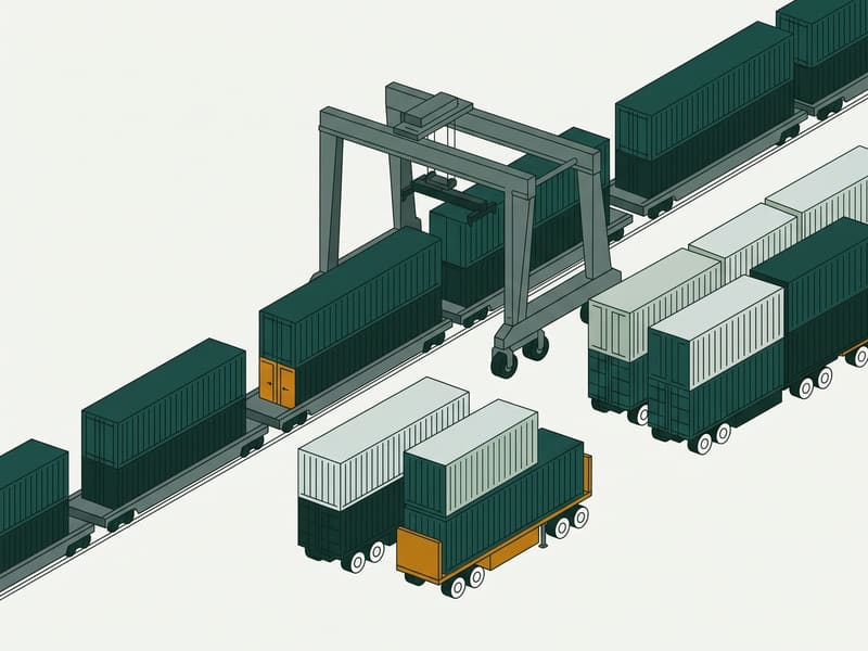 Illustration: rail intermodal yard with containers stacked on railcars