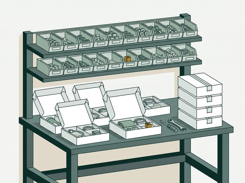 Illustration: kitting bench with component bins and assembled kits