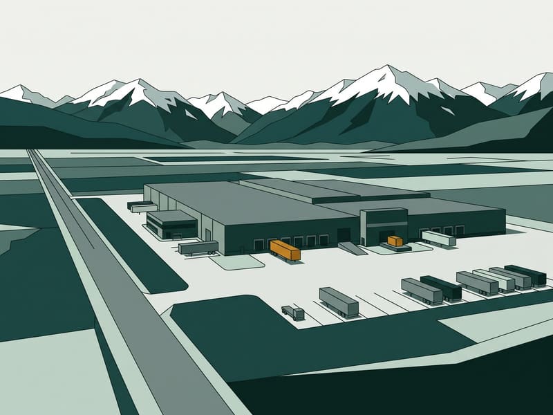Illustration: distribution center on a valley floor with mountains behind