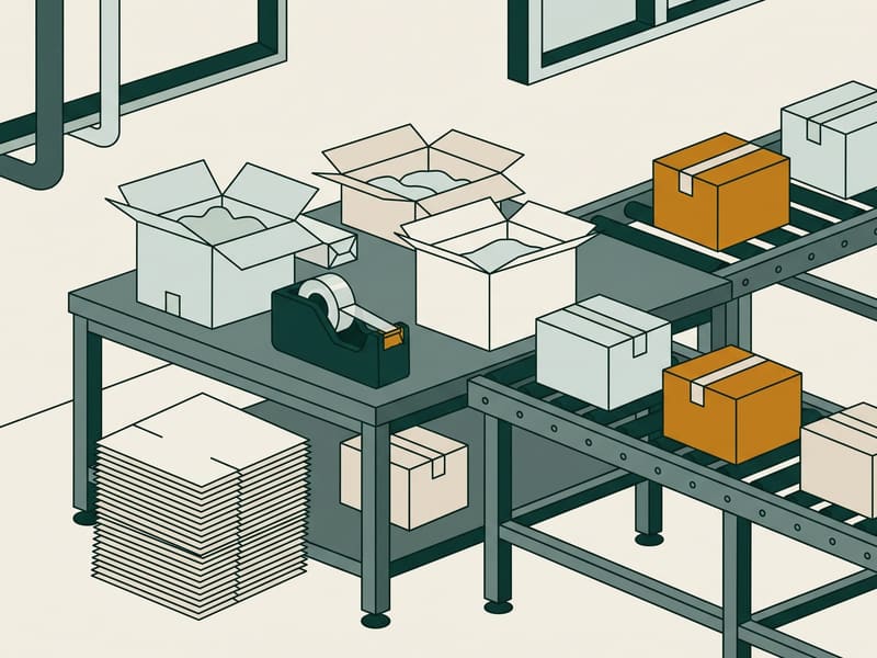 Illustration: packing station with boxes, tape and a roller conveyor