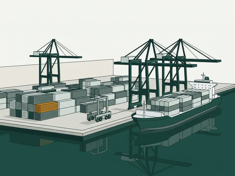 Illustration: container port with gantry cranes over stacked shipping containers