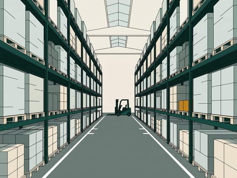 Illustration: warehouse aisle lined with tall pallet racking